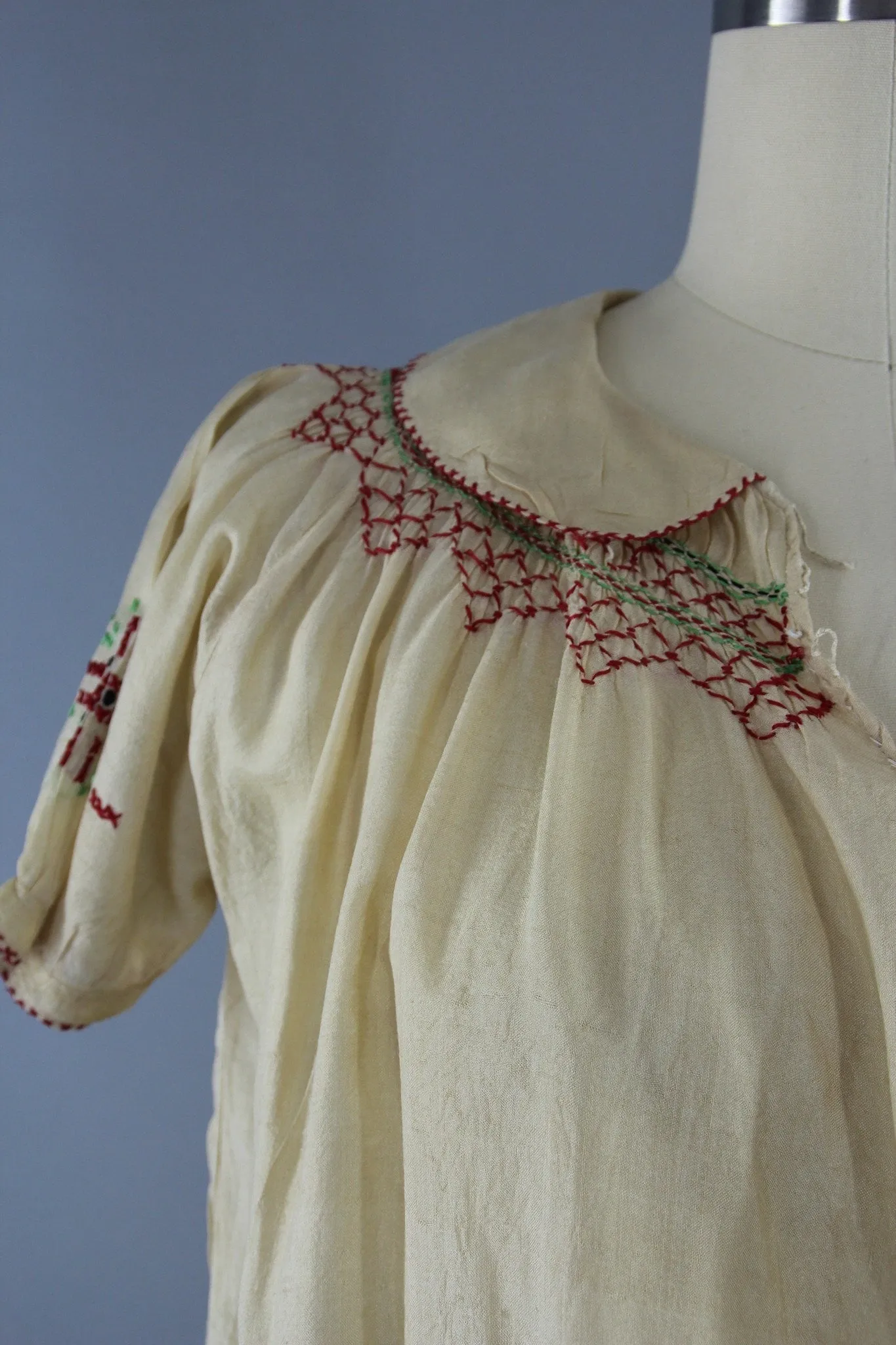 Vintage 1920s Pongee Silk Embroidered Peasant Blouse