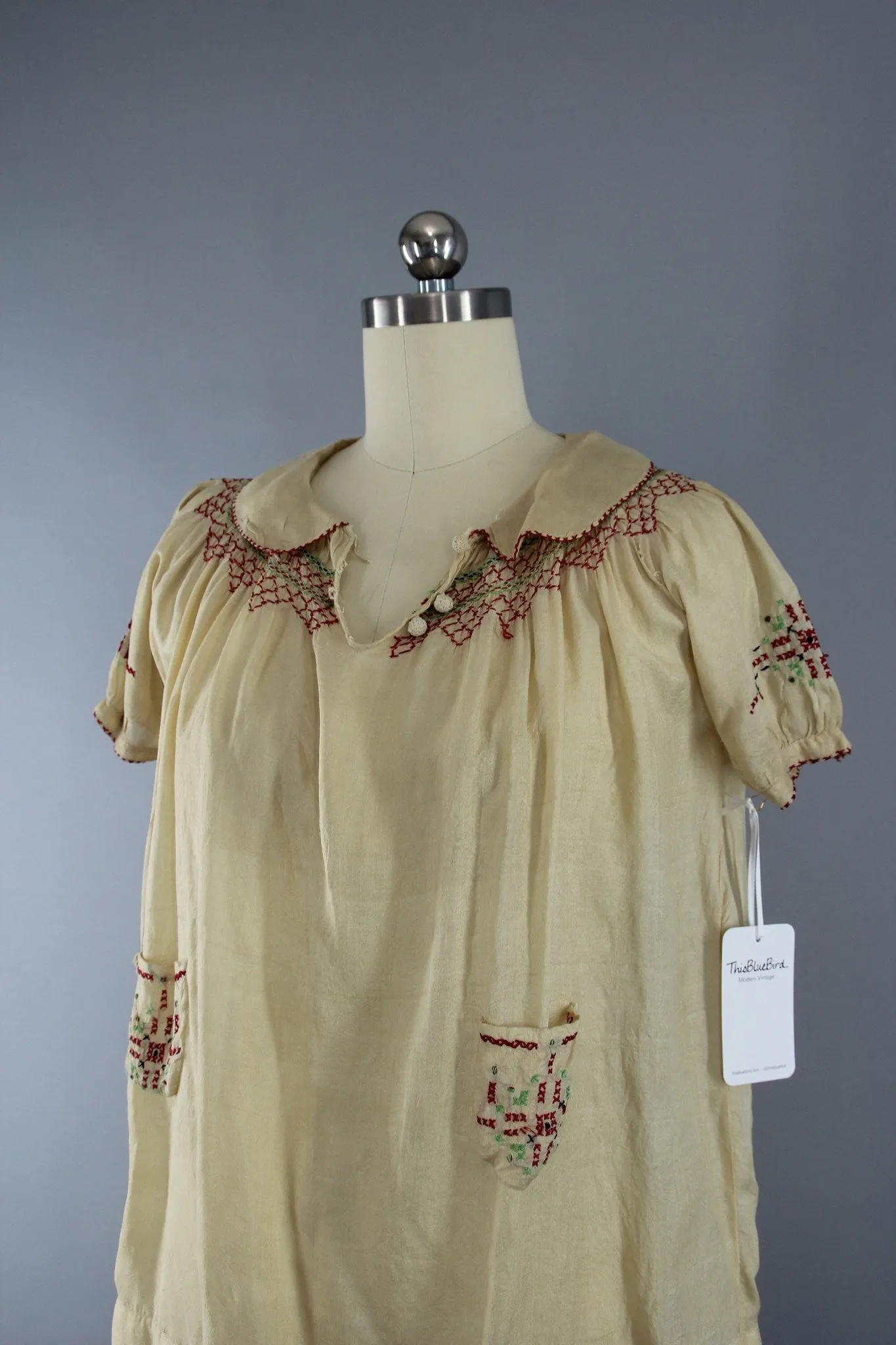 Vintage 1920s Pongee Silk Embroidered Peasant Blouse