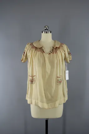 Vintage 1920s Pongee Silk Embroidered Peasant Blouse