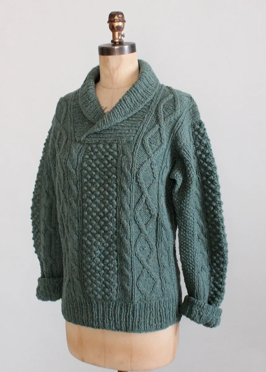 Vintage 1960s Blue Cable Knit Shawl Collar Fisherman Sweater