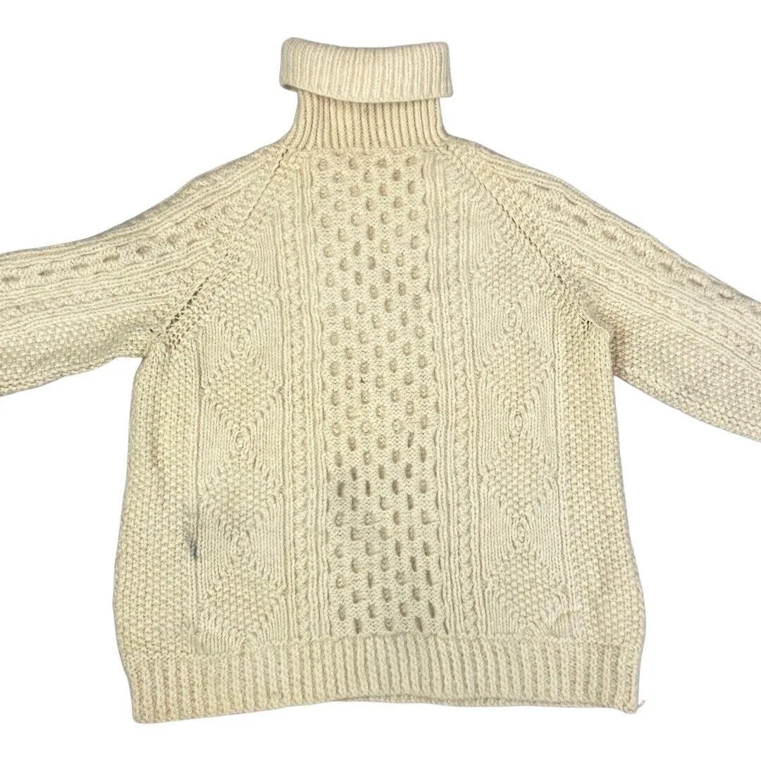 Vintage 80s 90s Cream Turtle Neck Hand Knit Sweater 12 14 M