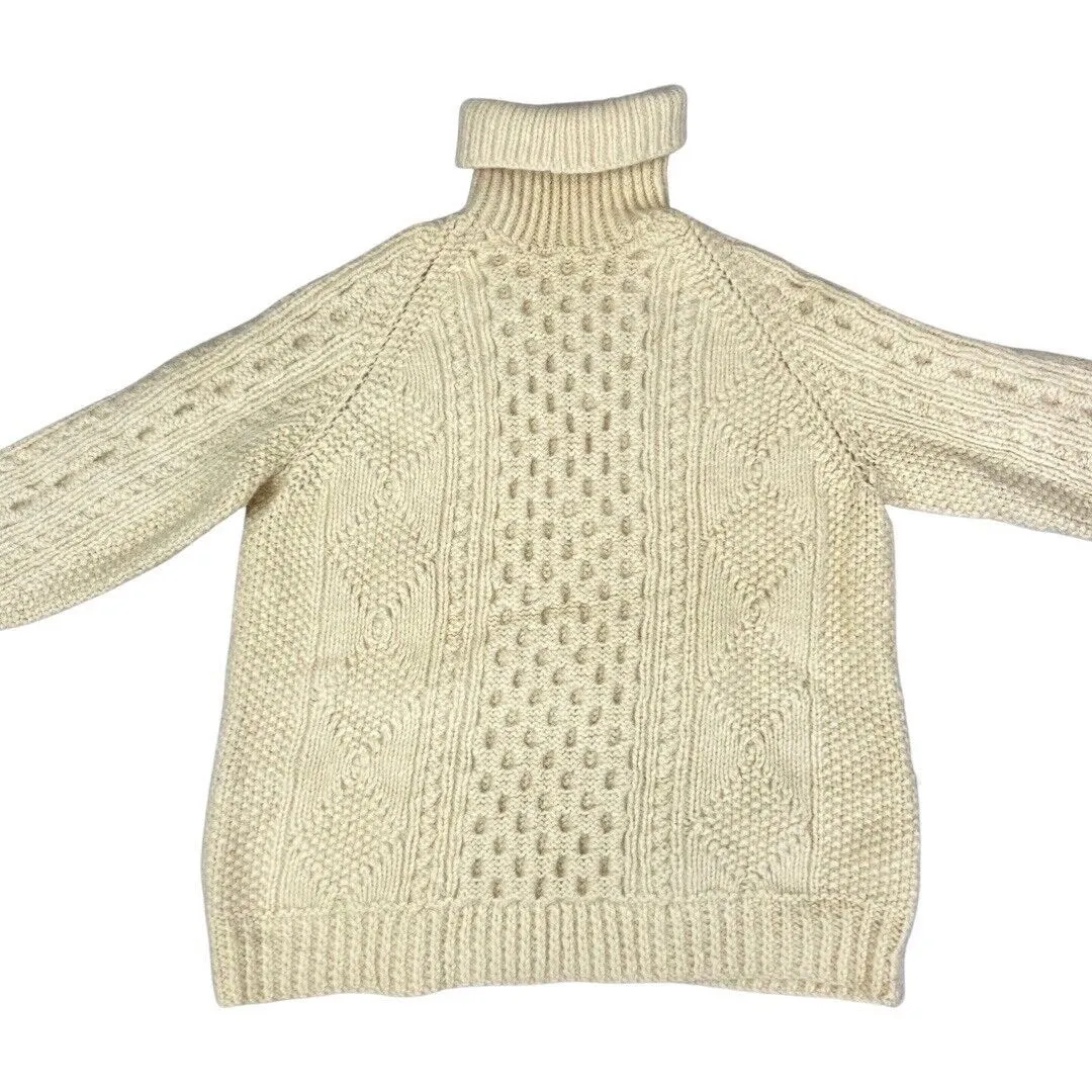 Vintage 80s 90s Cream Turtle Neck Hand Knit Sweater 12 14 M