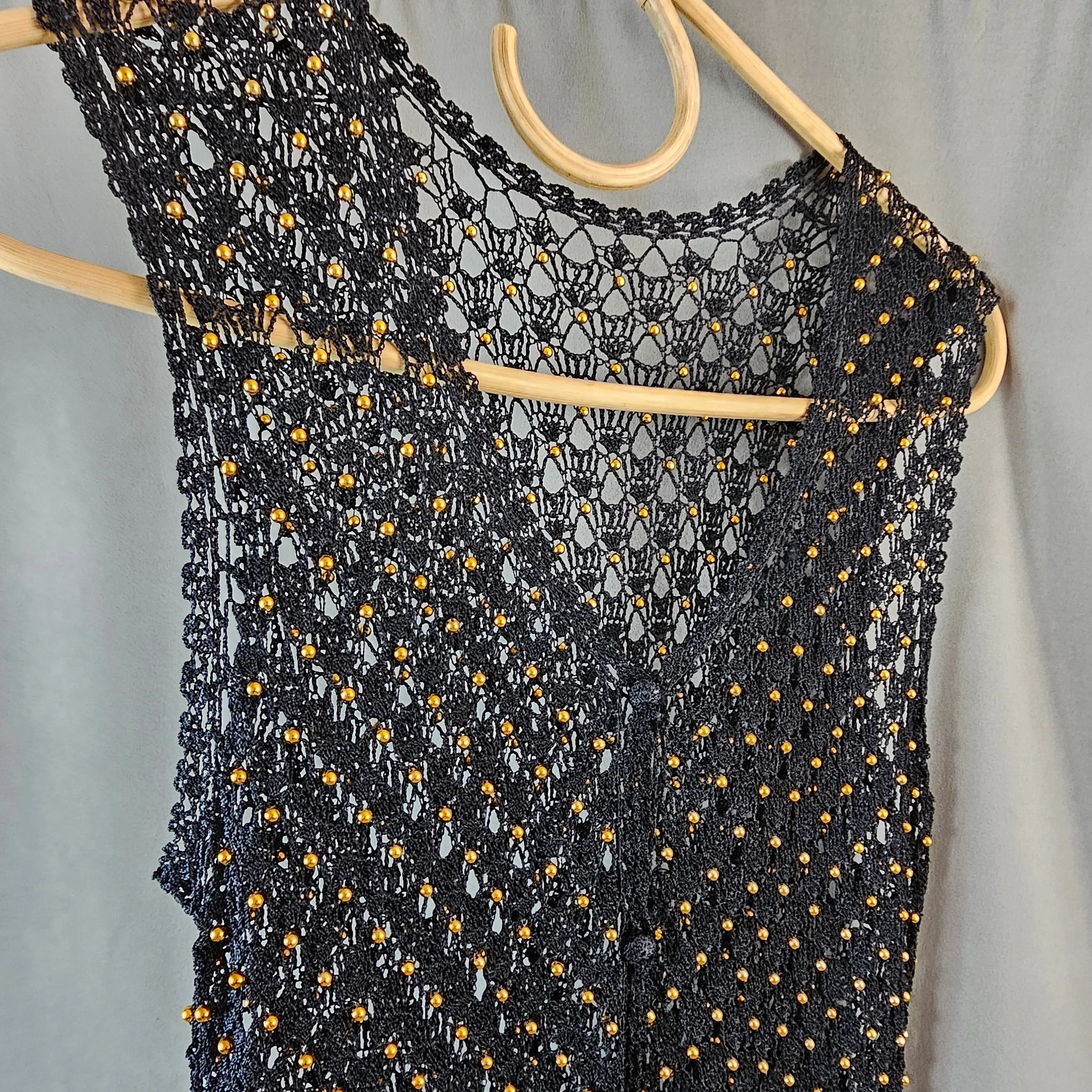 VINTAGE CROCHET GOLD BEADED VEST SIZE M/L