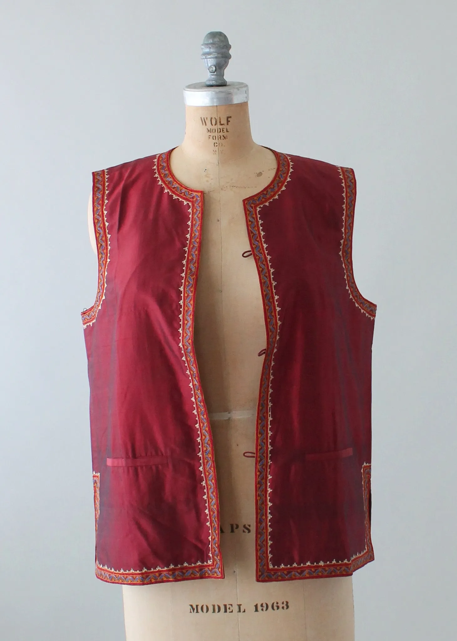 Vintage Handloomed Indian Silk Vest with Embroidered Trim