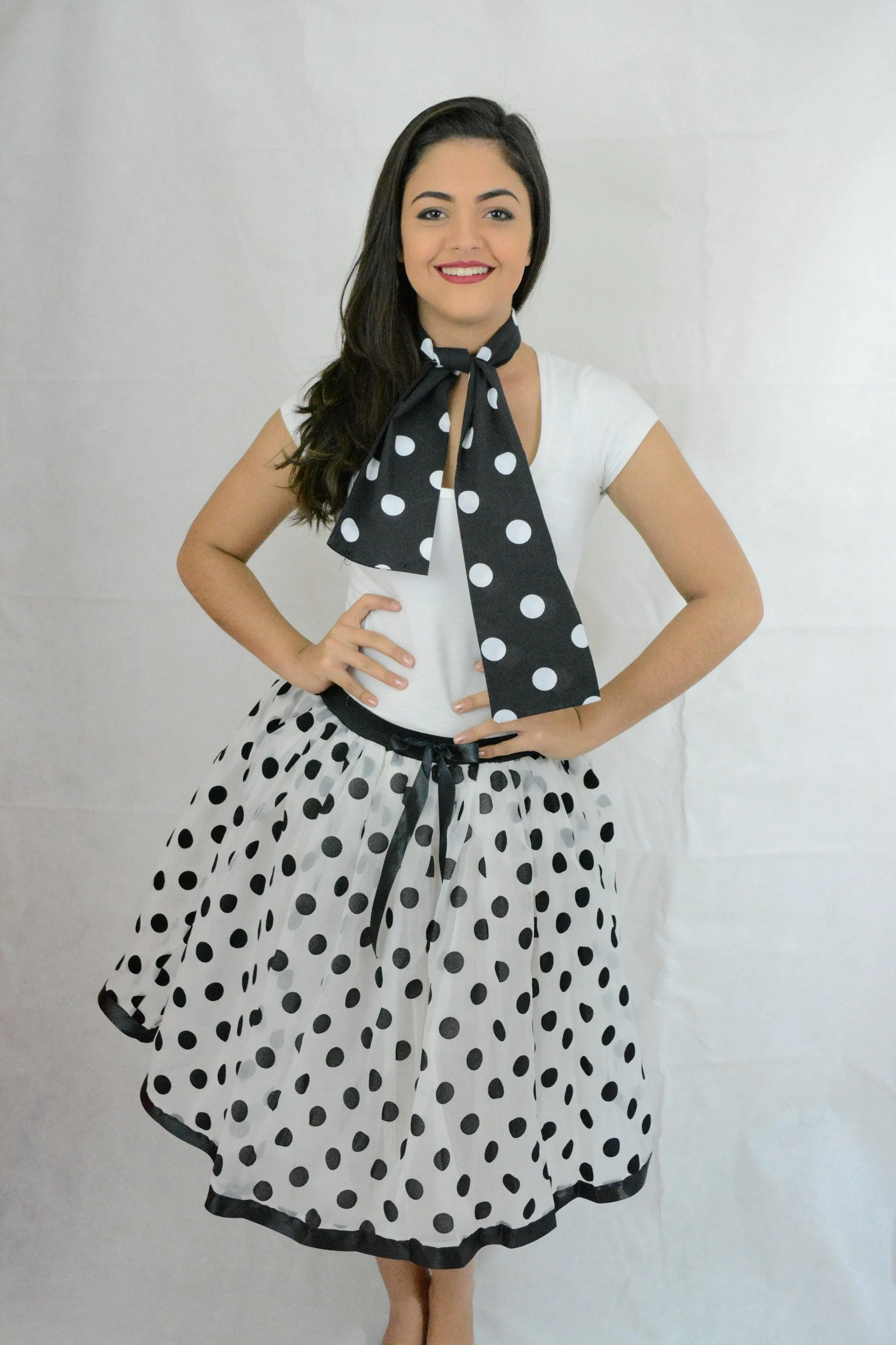 White Black Polka Dot Chiffon Skirt with Netted Petticoat (18 Inches)