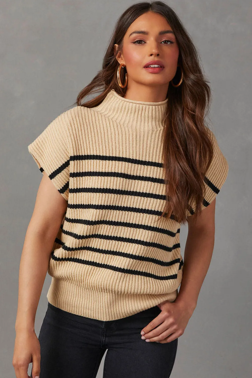 Wholesale Parchment Striped Knit Mock Neck Short Sleeve Sweater