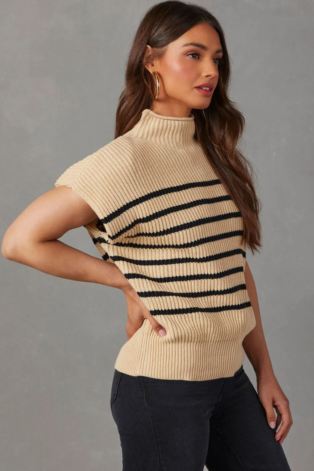 Wholesale Parchment Striped Knit Mock Neck Short Sleeve Sweater