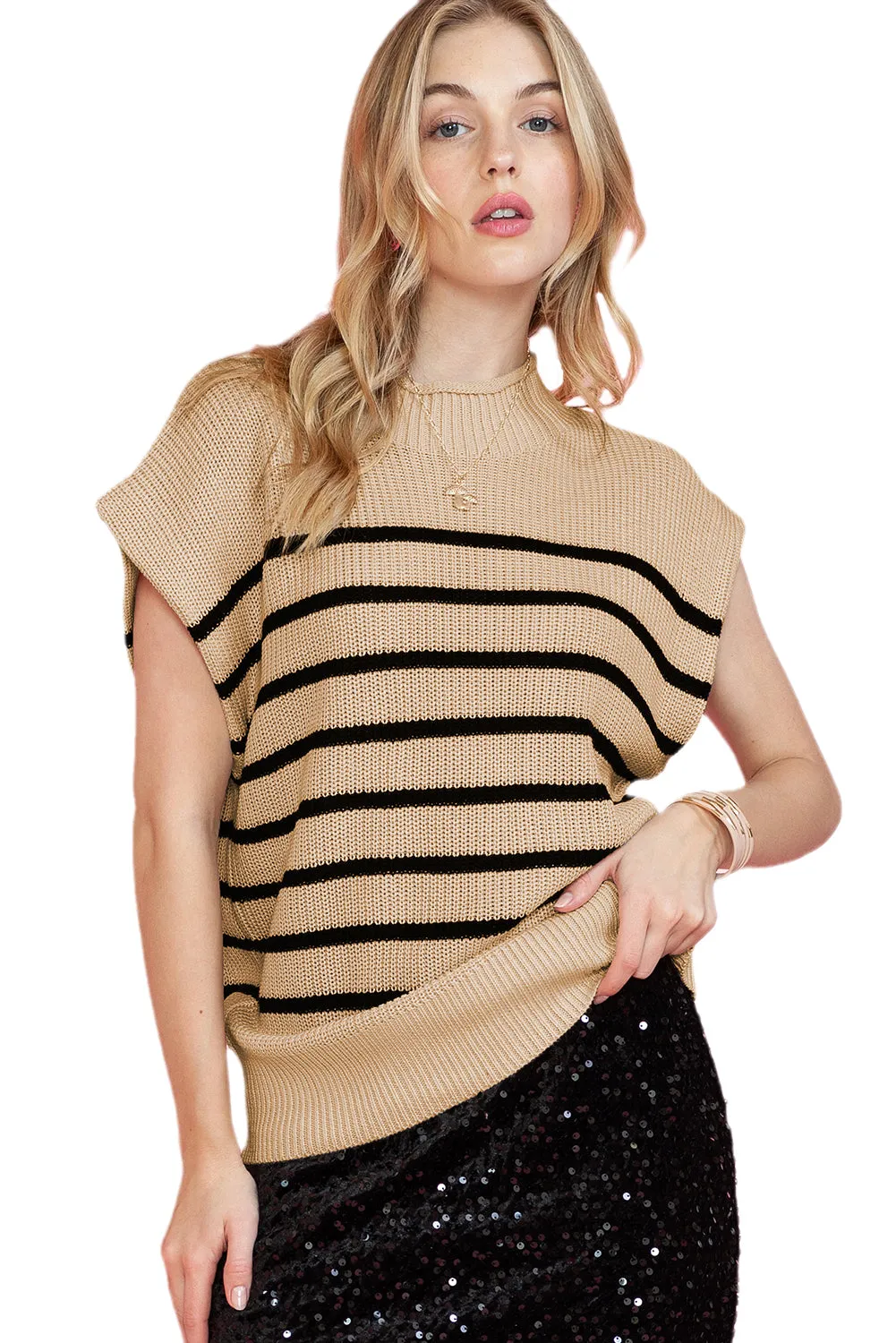 Wholesale Parchment Striped Knit Mock Neck Short Sleeve Sweater