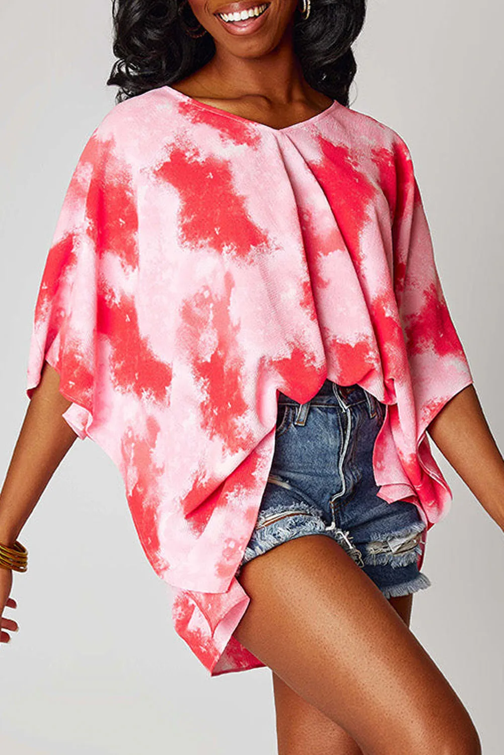 Wholesale Red Plus Size Tie Dye Print 3/4 Sleeve Tunic Top