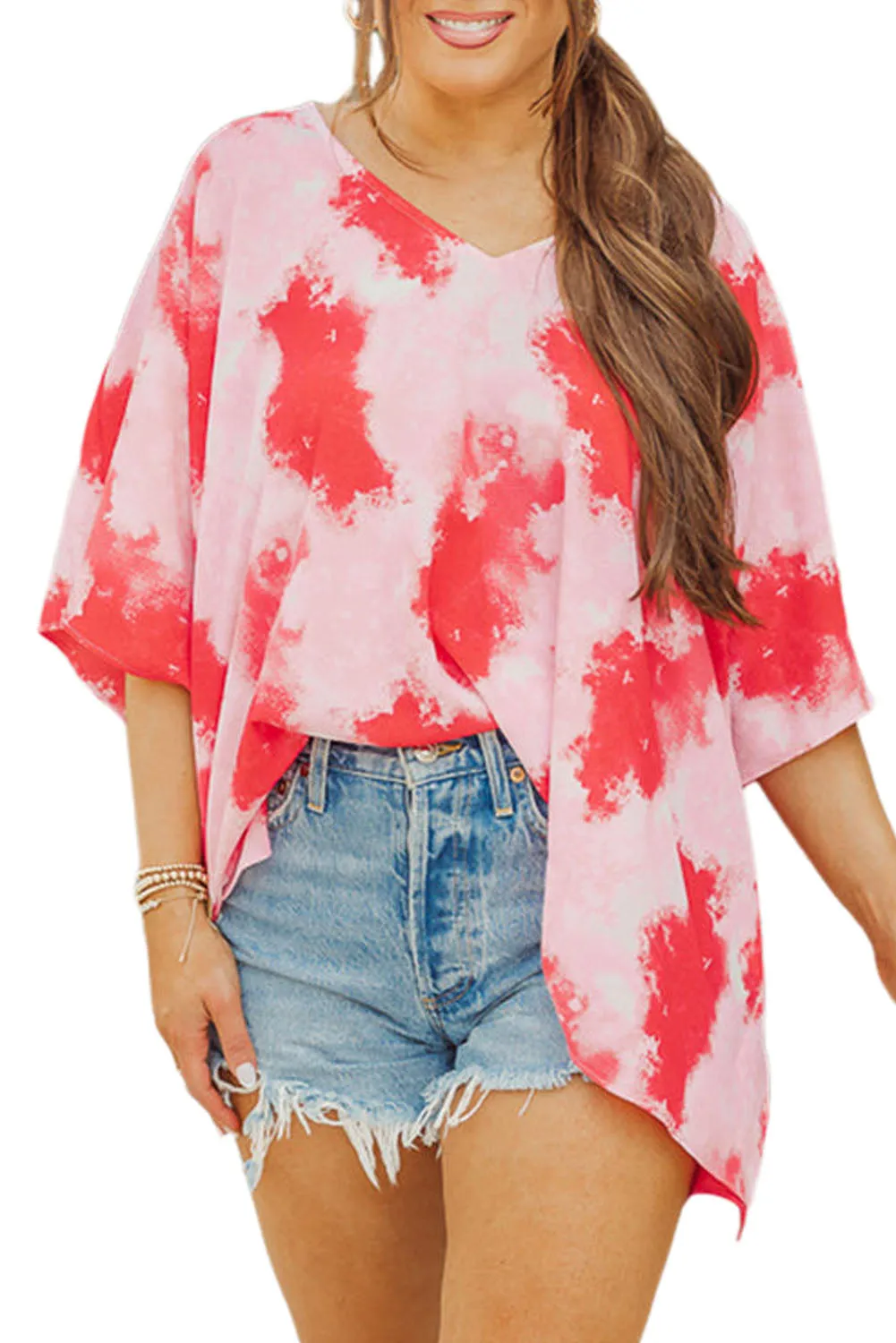 Wholesale Red Plus Size Tie Dye Print 3/4 Sleeve Tunic Top