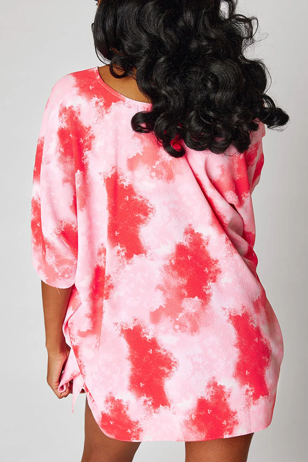 Wholesale Red Plus Size Tie Dye Print 3/4 Sleeve Tunic Top