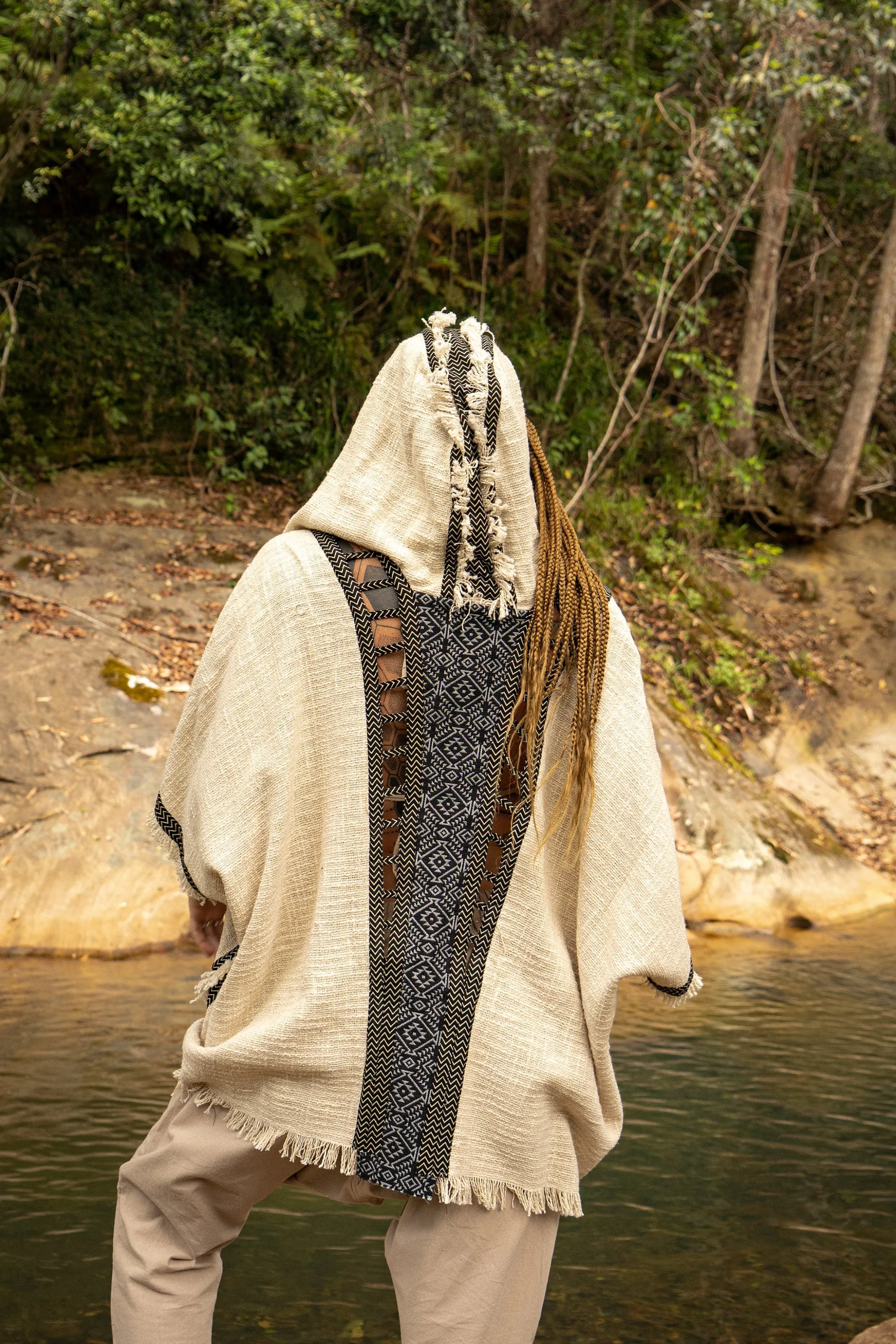 WIZARD Womens Beige Hooded Kimono Vest Tribal Ritual Ceremony Shamanic Gypsy Festival Magic Ritual Alchemy Primitive Rave Boho Earthy AJJAYA