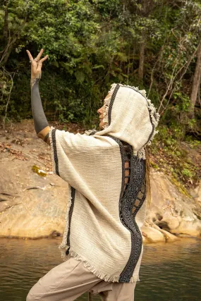 WIZARD Womens Beige Hooded Kimono Vest Tribal Ritual Ceremony Shamanic Gypsy Festival Magic Ritual Alchemy Primitive Rave Boho Earthy AJJAYA