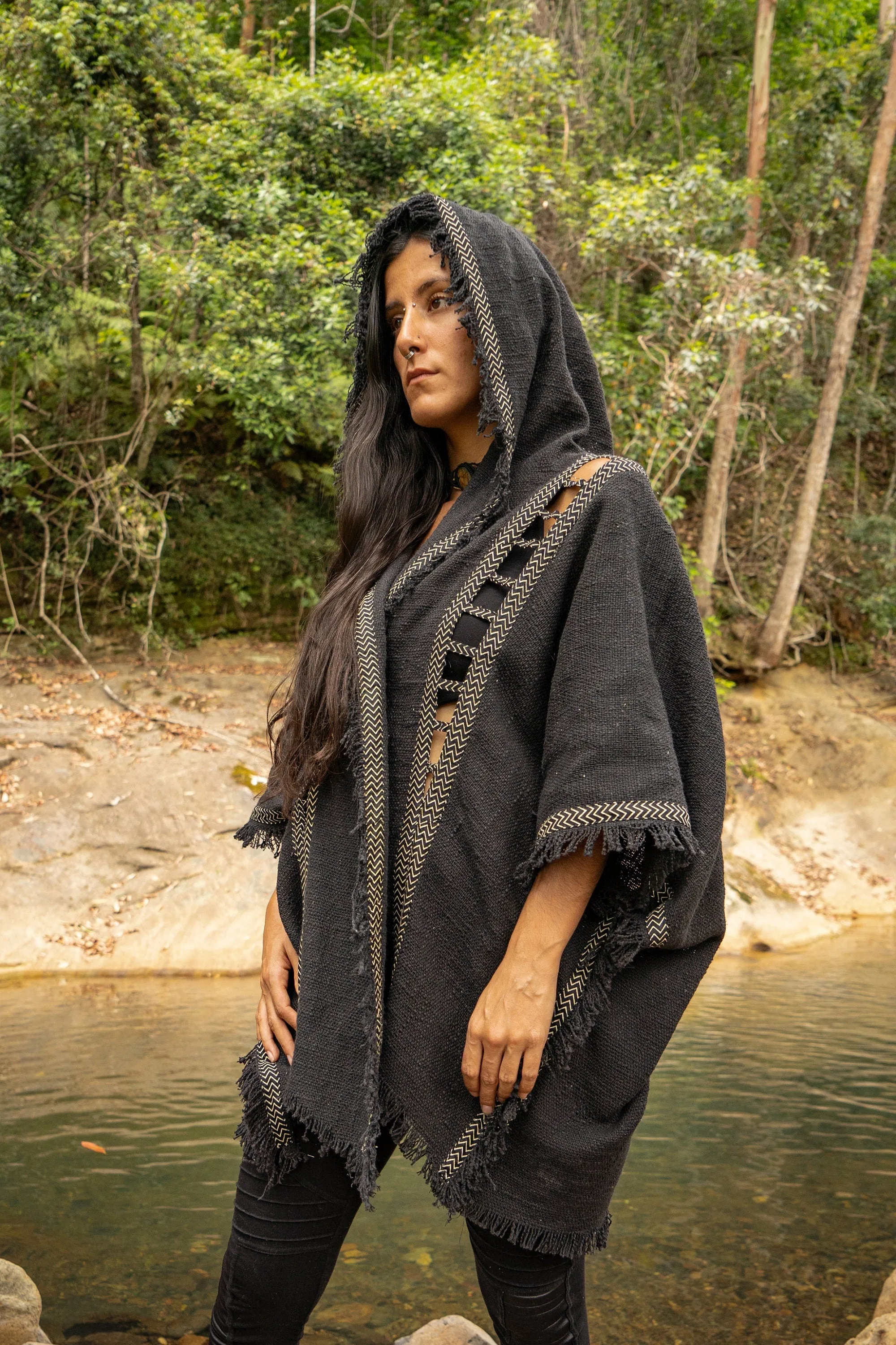 WIZARD Womens Beige Hooded Kimono Vest Tribal Ritual Ceremony Shamanic Gypsy Festival Magic Ritual Alchemy Primitive Rave Boho Earthy AJJAYA