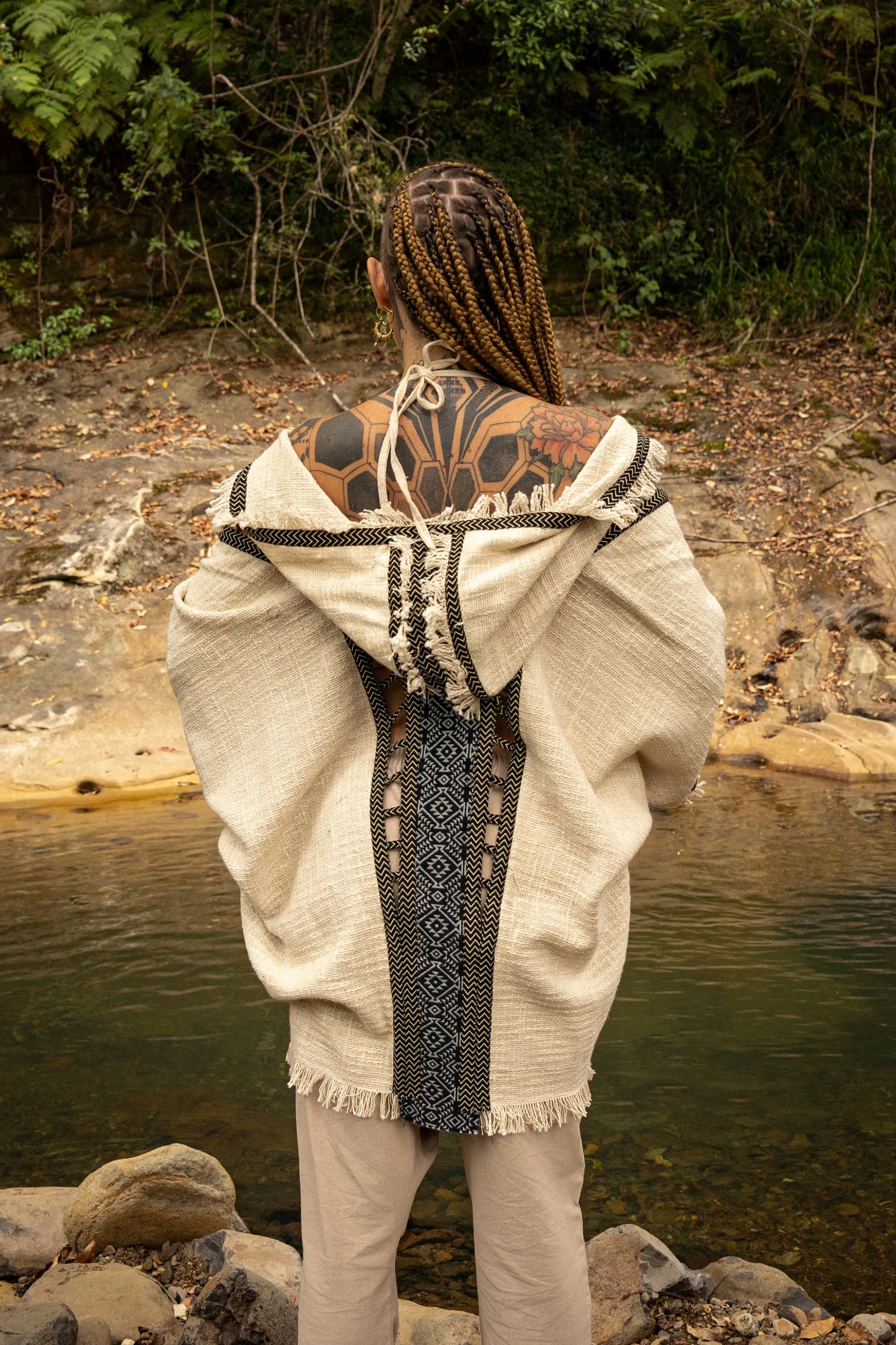 WIZARD Womens Beige Hooded Kimono Vest Tribal Ritual Ceremony Shamanic Gypsy Festival Magic Ritual Alchemy Primitive Rave Boho Earthy AJJAYA