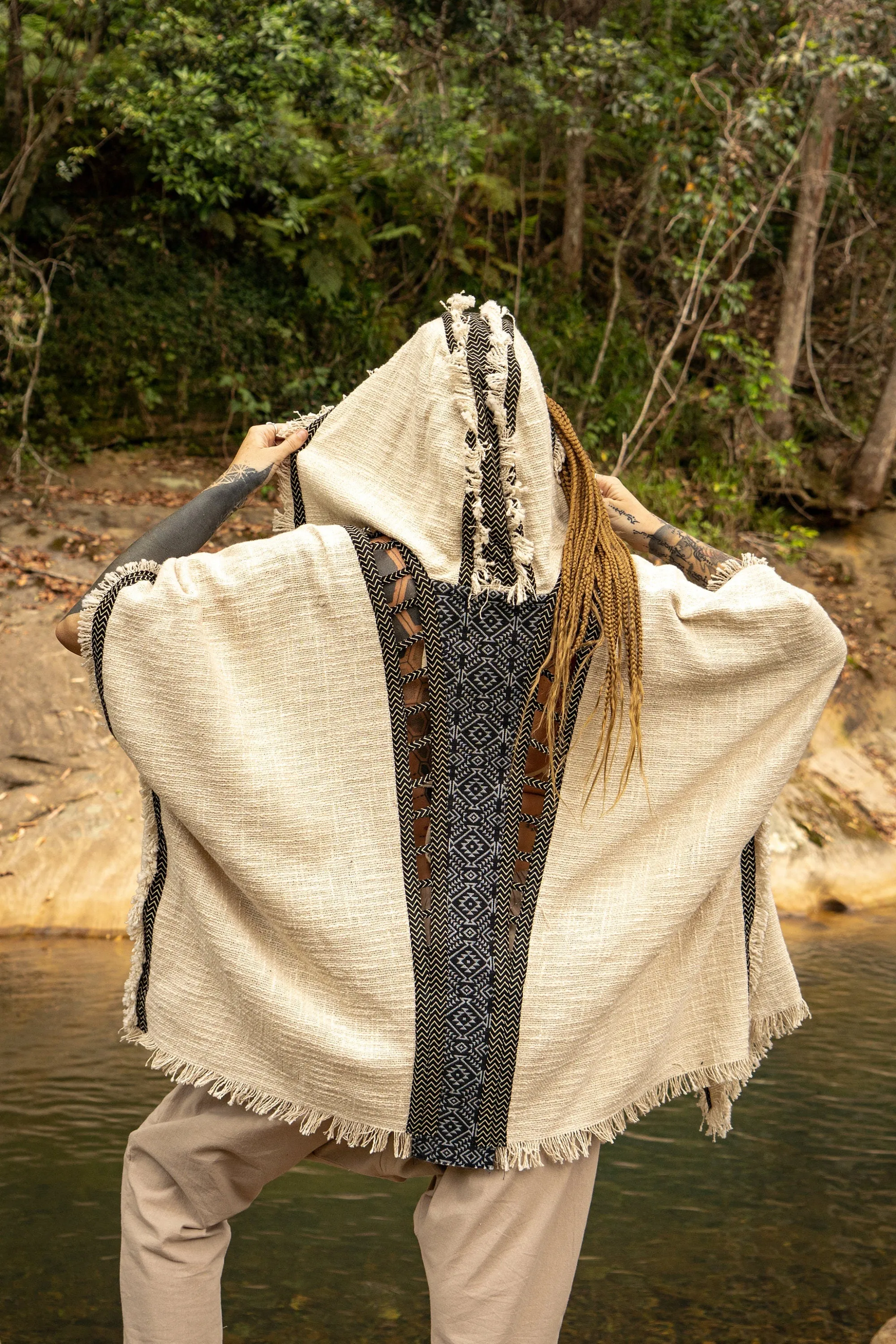 WIZARD Womens Beige Hooded Kimono Vest Tribal Ritual Ceremony Shamanic Gypsy Festival Magic Ritual Alchemy Primitive Rave Boho Earthy AJJAYA