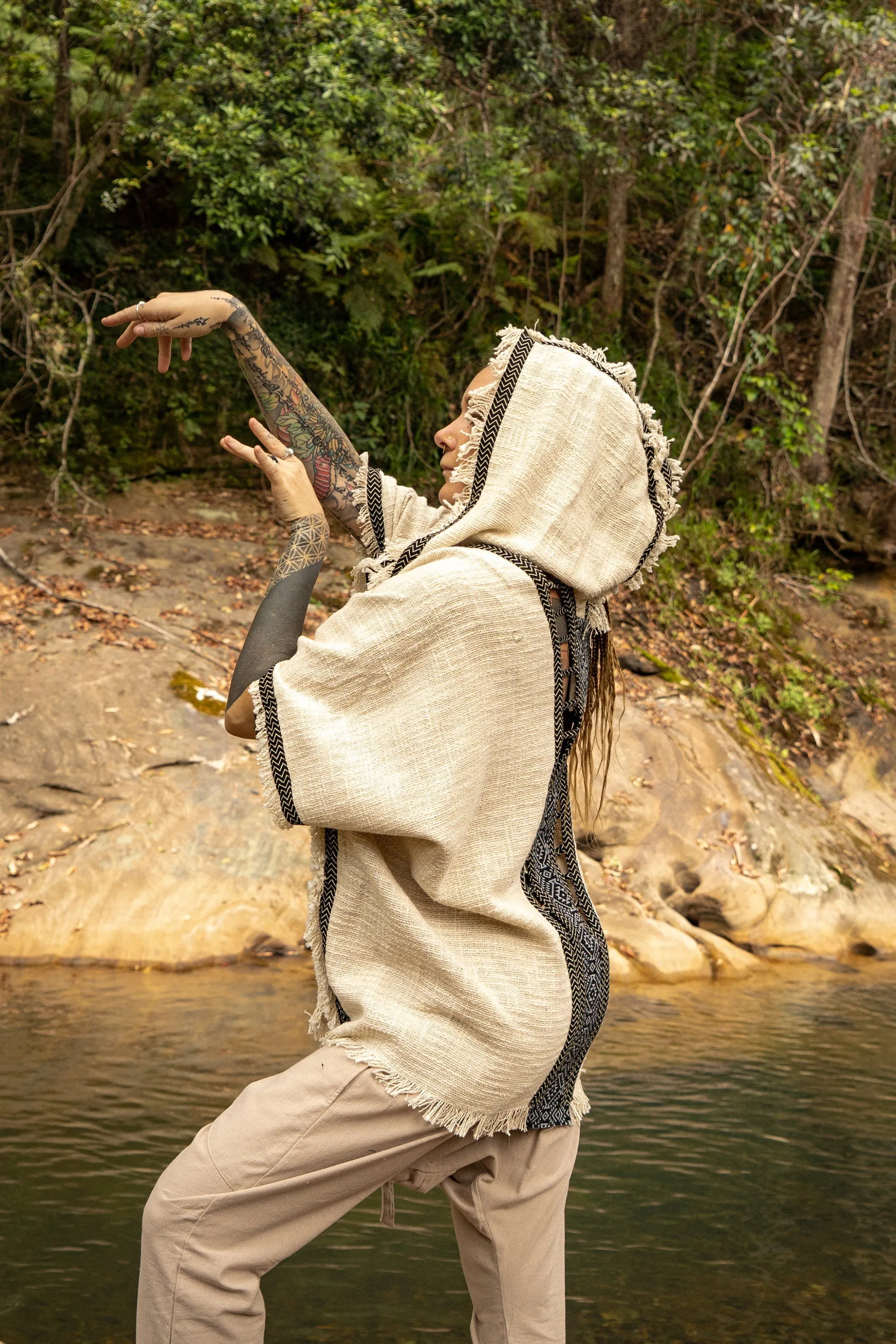 WIZARD Womens Beige Hooded Kimono Vest Tribal Ritual Ceremony Shamanic Gypsy Festival Magic Ritual Alchemy Primitive Rave Boho Earthy AJJAYA