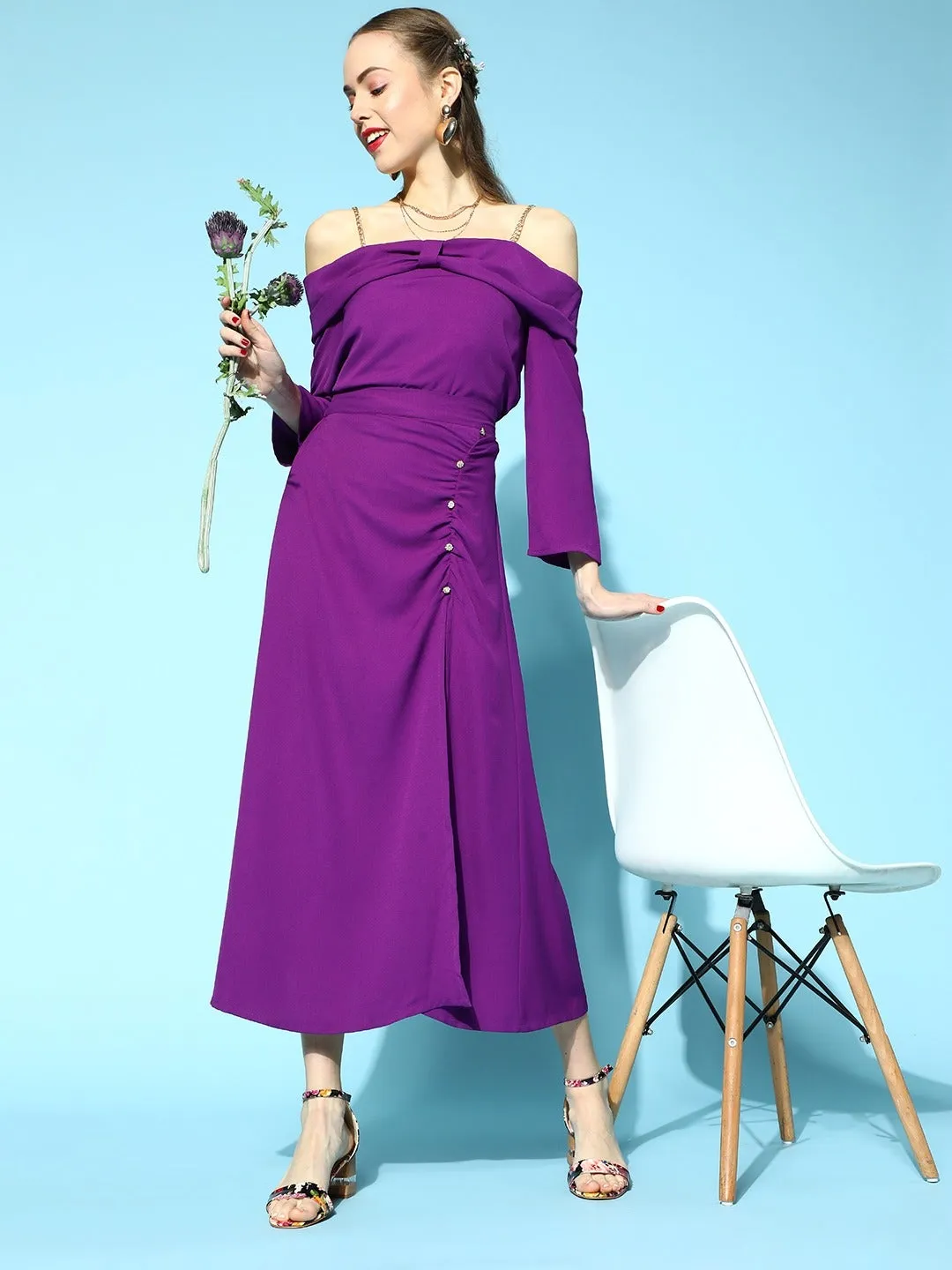 Women Purple Side Slit Ruched A-Line Skirt