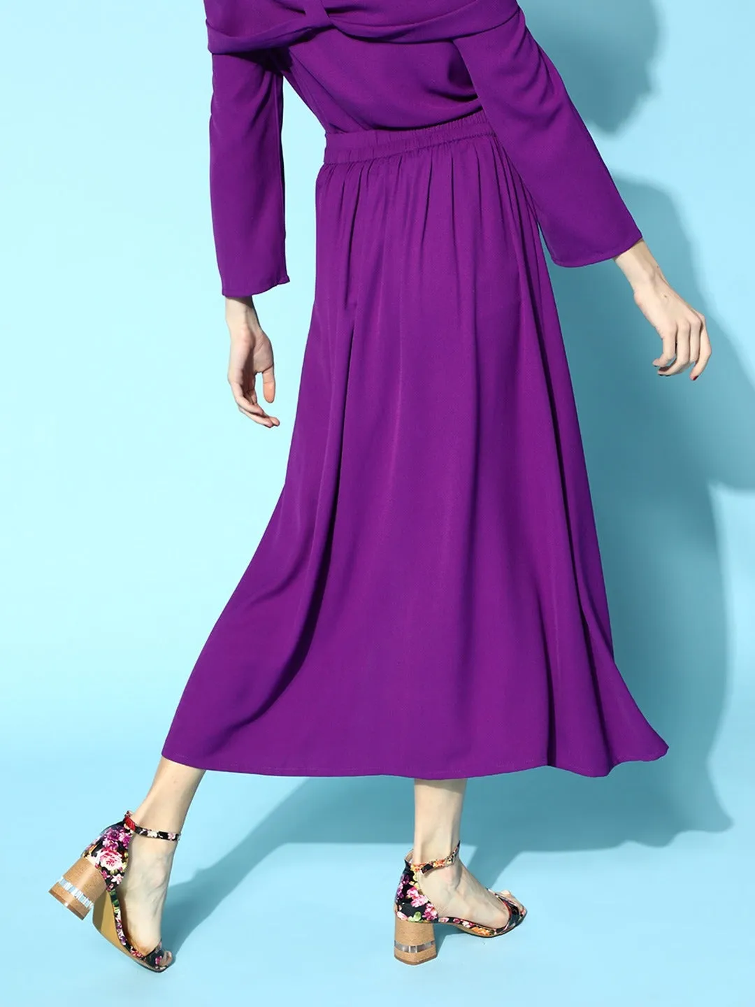 Women Purple Side Slit Ruched A-Line Skirt