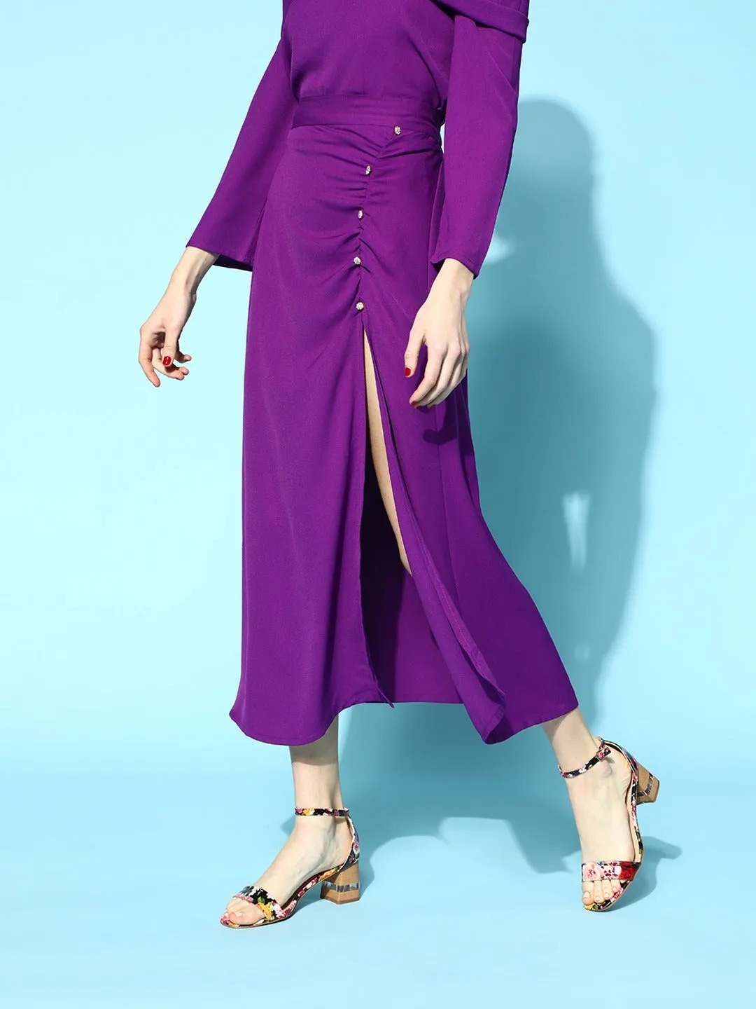 Women Purple Side Slit Ruched A-Line Skirt