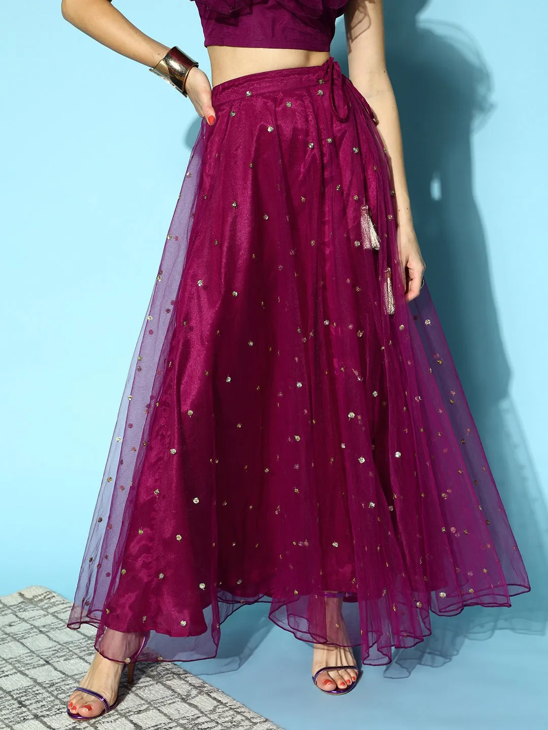 Women Purple Tulle Sequin Flared Skirt