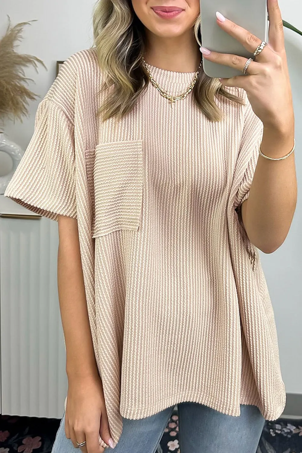 Women Ribbed Knit Pocketed Loose Fit Crew Neck T Shirt