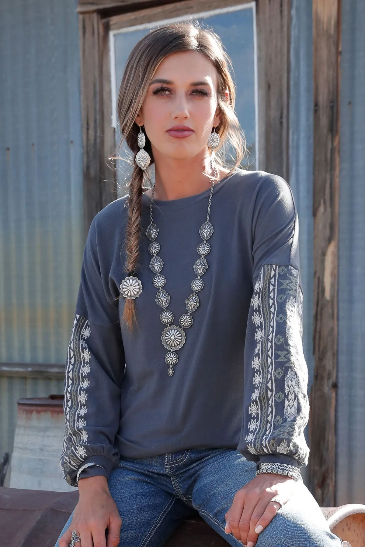 Women's Charcoal Cruel Girl Knit Top with Aztec Embroidered Sleeves