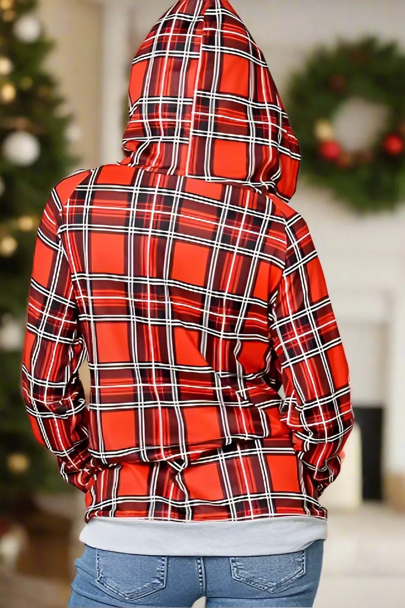 Womens Christmas Red Plaid Hoodie, Long Sleeve Shirt, Double Hooded Top, Sizes S/M/L, Red/Black