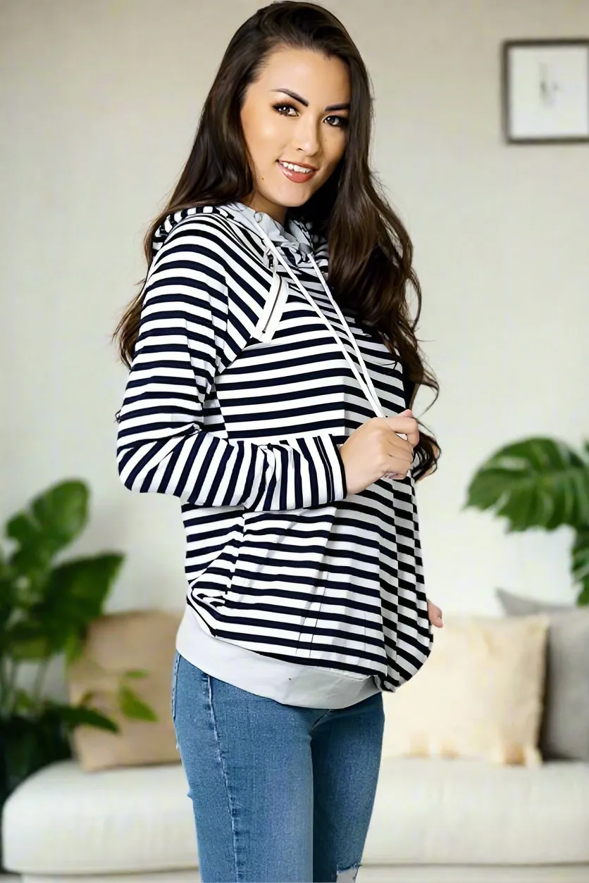 Womens Striped Hoodie Sweatshirt Black/White Sizes S/M/L/XL/2XL