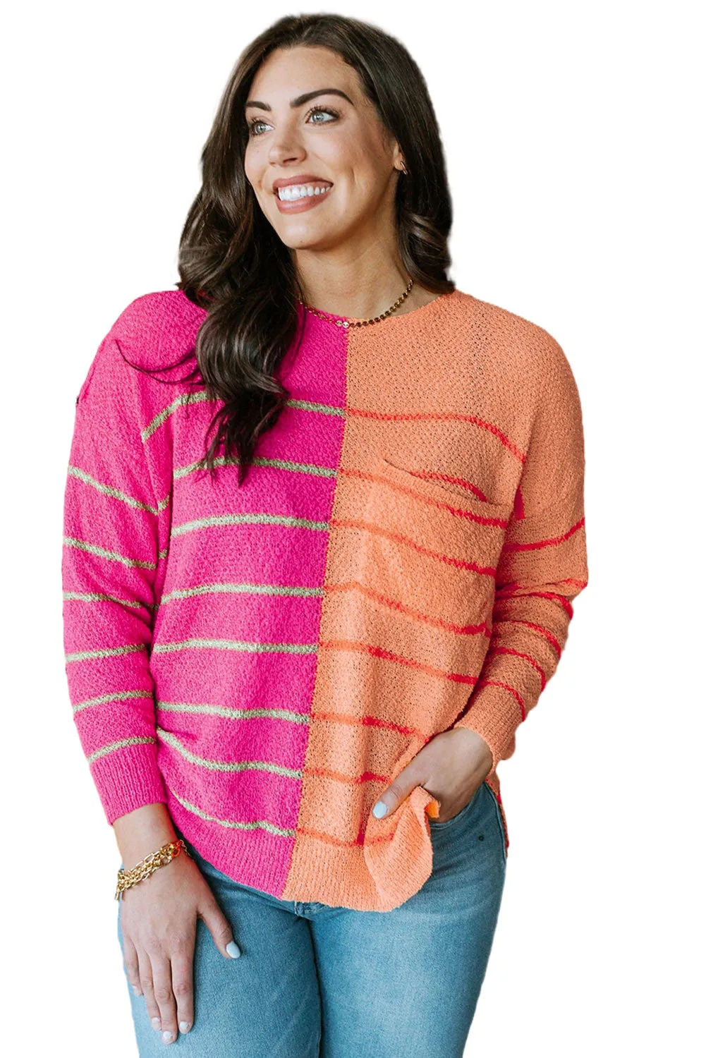 Yellow Plus Size Color Block Striped Knit Sweater